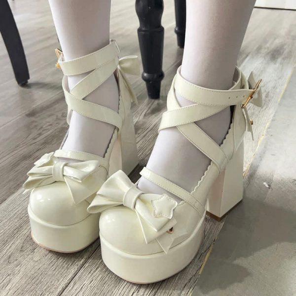 Bow Knot Star Buckle Lolita High-heeled Shoes - Modakawa modakawa