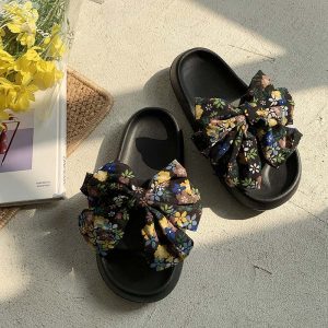 Floral Print Bow Knot Casual Slippers - Modakawa Modakawa