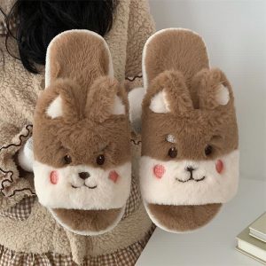 Lovely Cartoon Bear Colorblock Plush Slippers - Modakawa Modakawa