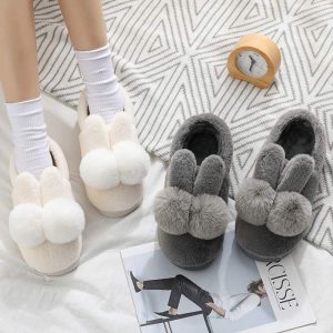 Rabbit Ears Plush Fur Pom Pom Slippers - Modakawa Modakawa