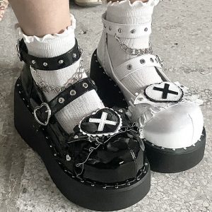 Punk Cross Love Heart Chain Strap Buckle Platform Lolita Shoes - Modakawa modakawa