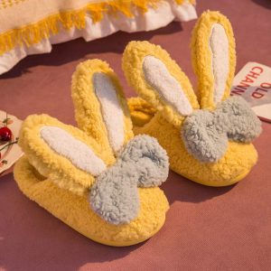 Rabbit Ears Bow Knot Plush Slippers - Modakawa modakawa