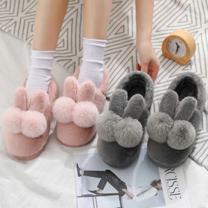 Rabbit Ears Plush Fur Pom Pom Slippers - Modakawa Modakawa