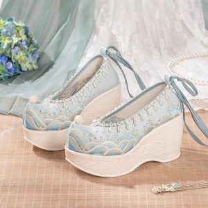 Vintage Embroidery Wave Print Pearl Platform High Heels Shoes - Modakawa Modakawa