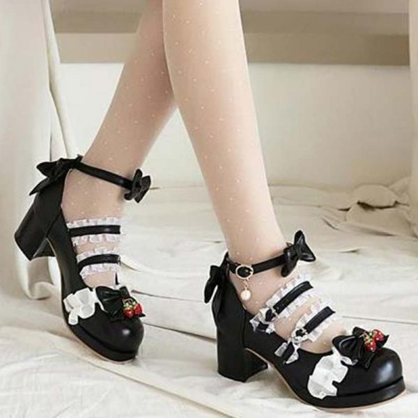 Lace Bow Lolita Kitten Heel Mary Janes Shoes - Modakawa Modakawa