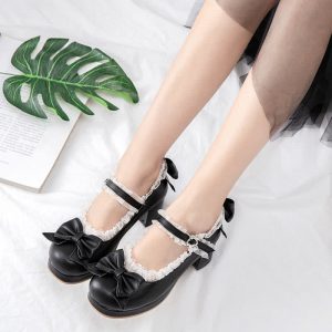 Bowknot Lace Round Toe Chunk Low Heel Mary Janes Shoes - Modakawa modakawa