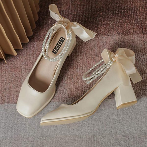 Pearl Bow Mary Janes High-heeled Shoes - Modakawa Modakawa