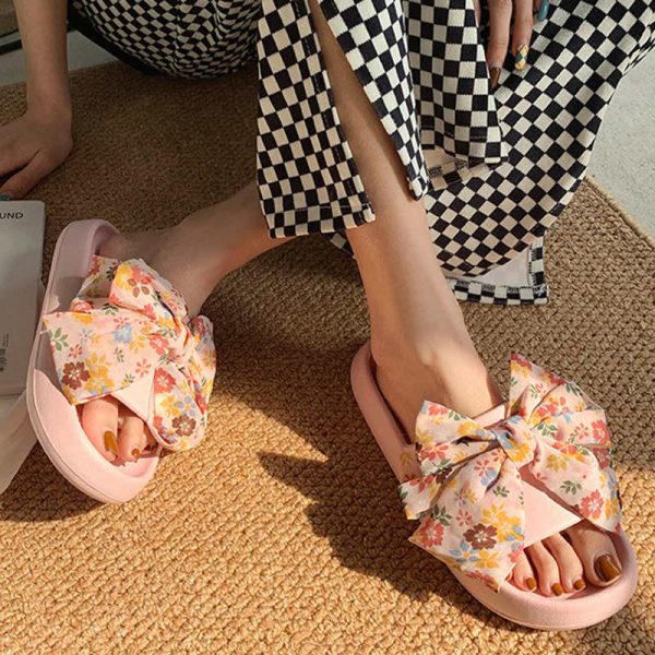 Floral Print Bow Knot Casual Slippers - Modakawa Modakawa