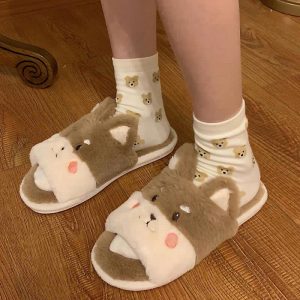 Lovely Cartoon Bear Colorblock Plush Slippers - Modakawa Modakawa