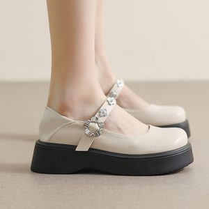 Pure Color Round Toe Mary Janes Shoes - Modakawa Modakawa