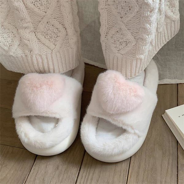 Cute Love Heart 3D Decor Plush Slippers - Modakawa Modakawa