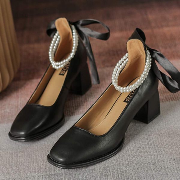 Pearl Bow Mary Janes High-heeled Shoes - Modakawa Modakawa