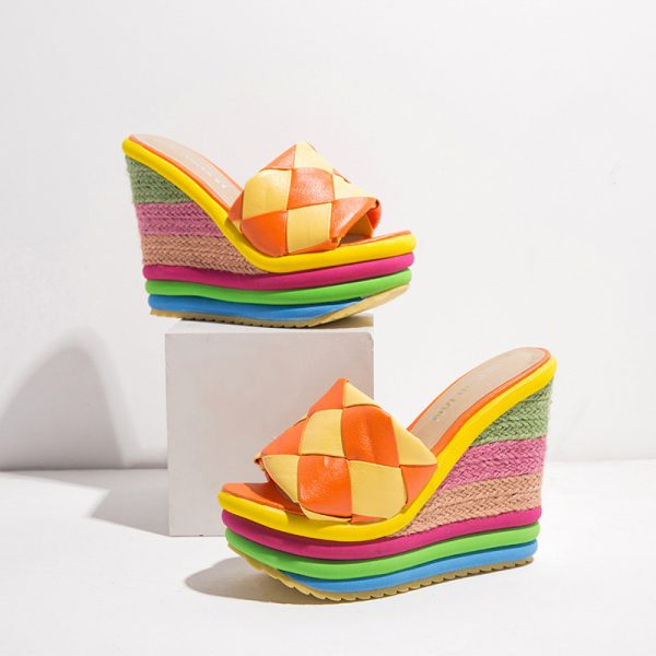 Rainbow Colorblock Chunky Heel Slippers - Modakawa Modakawa