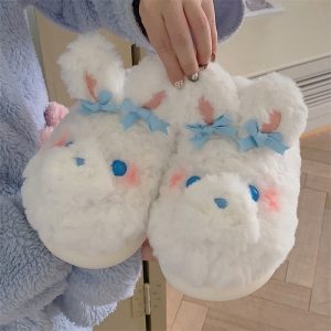 Cute Bow Knot Cartoon Bunny Plush Slippers - Modakawa Modakawa