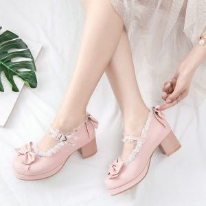 Bowknot Lace Round Toe Chunk Low Heel Mary Janes Shoes - Modakawa modakawa