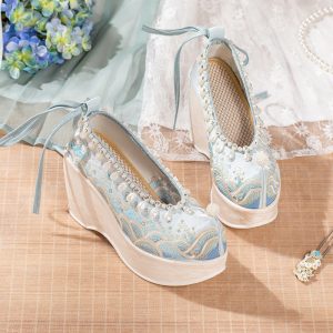 Vintage Embroidery Wave Print Pearl Platform High Heels Shoes - Modakawa Modakawa