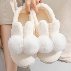 Rabbit Ears Plush Fur Pom Pom Slippers - Modakawa Modakawa