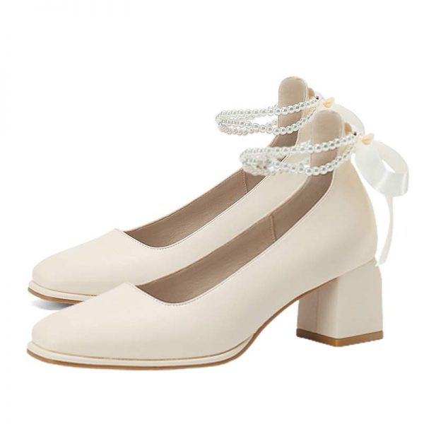 Pearl Bow Mary Janes High-heeled Shoes - Modakawa Modakawa