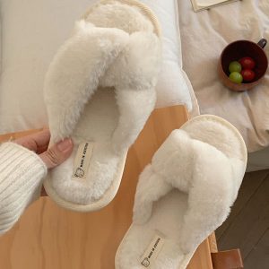 Pure Color Cross Casual Plush Slippers - Modakawa Modakawa