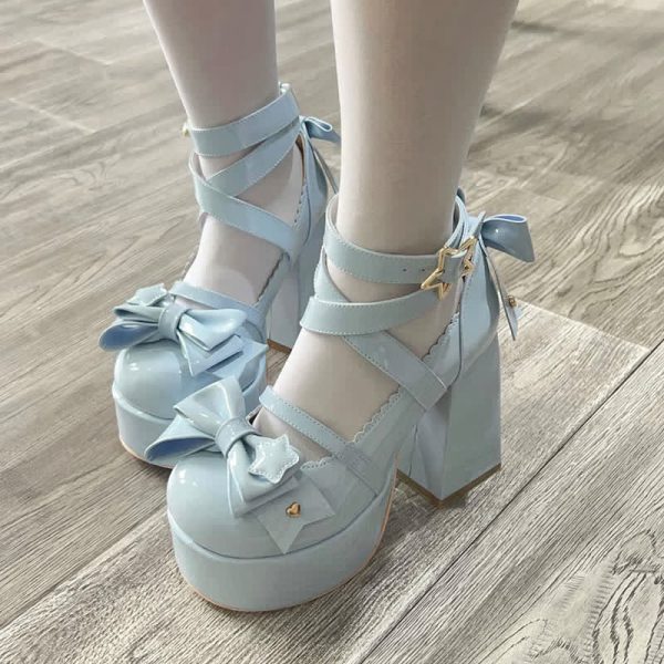 Bow Knot Star Buckle Lolita High-heeled Shoes - Modakawa modakawa