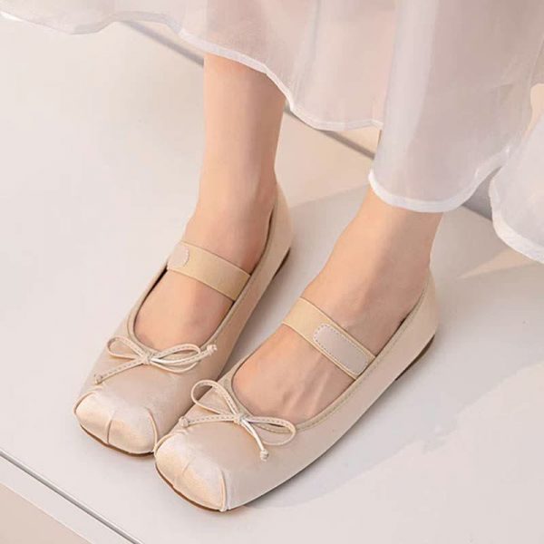 Sqaure Toe Bowknot Satin Mary Janes Flats Shoes - Modakawa modakawa