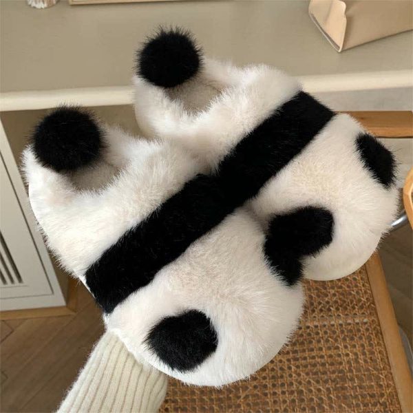 Lovely Cartoon Panda Fuzzy Ball Plush Slippers - Modakawa Modakawa